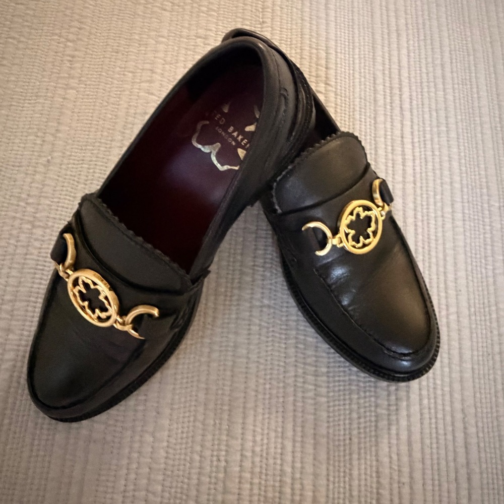Ted Baker London Womens Black Leather Magnolia Bit Loafers Gold Hardware 36.5